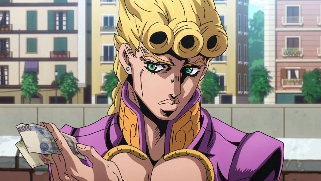 a cartoon of a man with a gold hair and a purple shirt