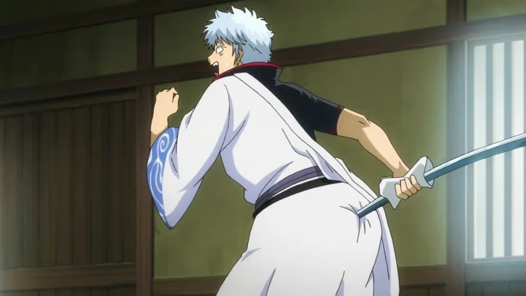 Gintoki con la katana in Gintama, samurai anime tra commedia e azione